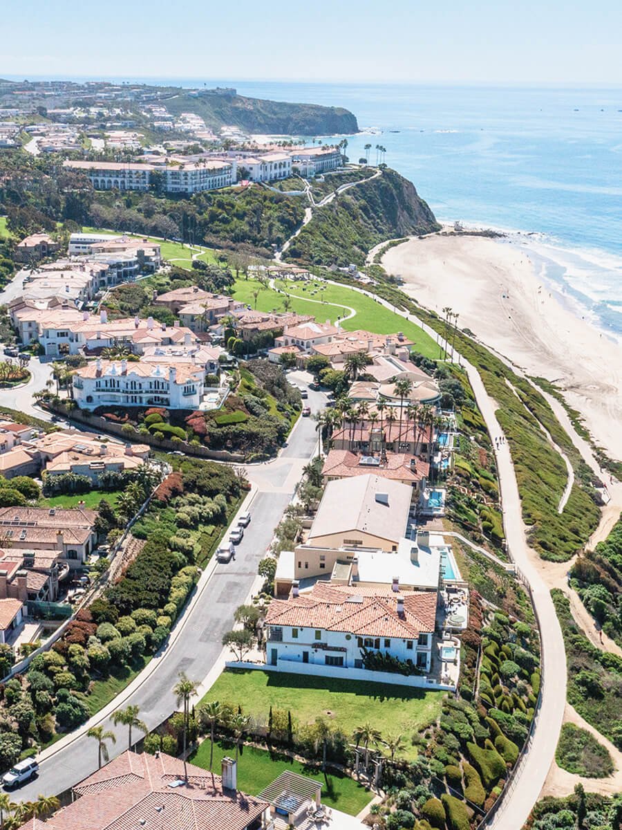Aerial view of coastal residential neighborhood with houses, lush greenery, and a beach with sand and waves.